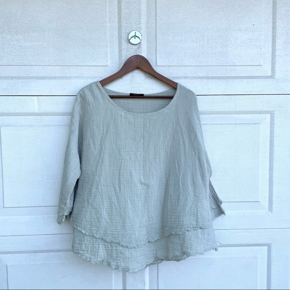 Cotton Palm Womens Shirt Blouse Gauzy Tiered Sage Green Cotton Medium - Picture 2 of 7